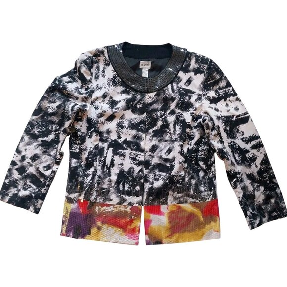 Chico Size 2 Jacket Long Sleeve Artsy Black & White Sequins Y2K Bling Geisha - Picture 1 of 12